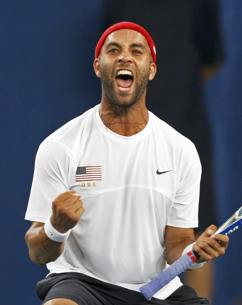 James Blake celebrates after defeating Roger Federer in the 2008 Olympics.