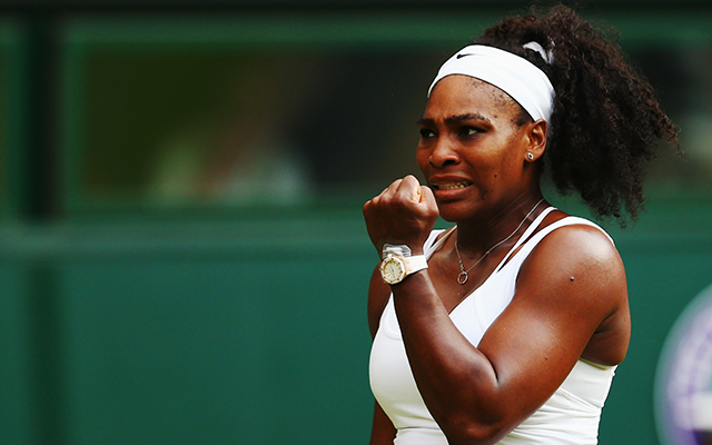 LONDON, ENGLAND - JULY 01:  Serena Williams of the United States celebrates in her Ladies Singles Second Round match against Timea Babos of Hungary during day three of the Wimbledon Lawn Tennis Championships at the All England Lawn Tennis and Croquet Club on July 1, 2015 in London, England.  (Photo by Clive Brunskill/Getty Images)